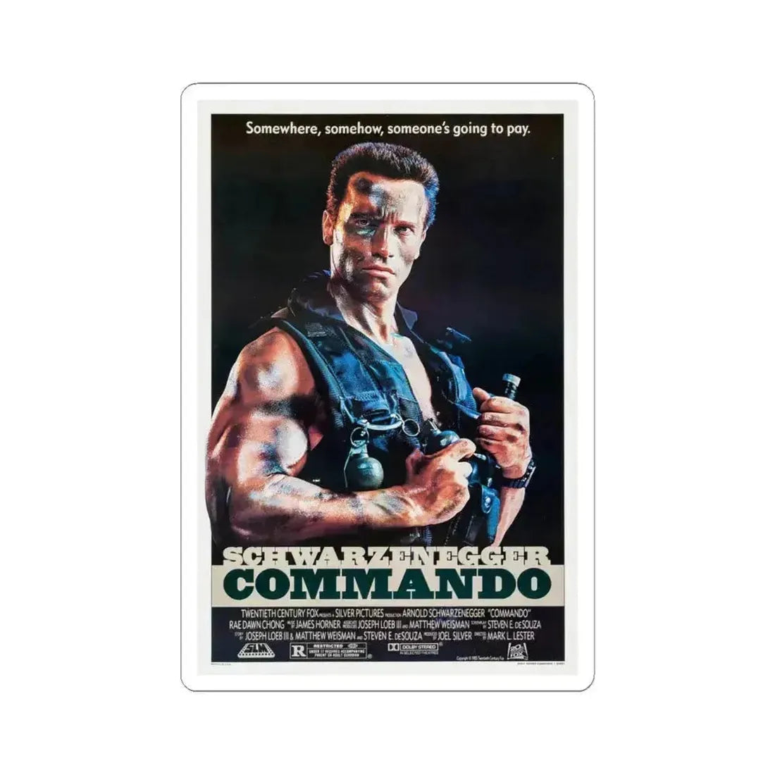 Commando 1985 Movie Poster - STICKER Vinyl Kiss-Cut Decal 4 Inch White - The Sticker Space