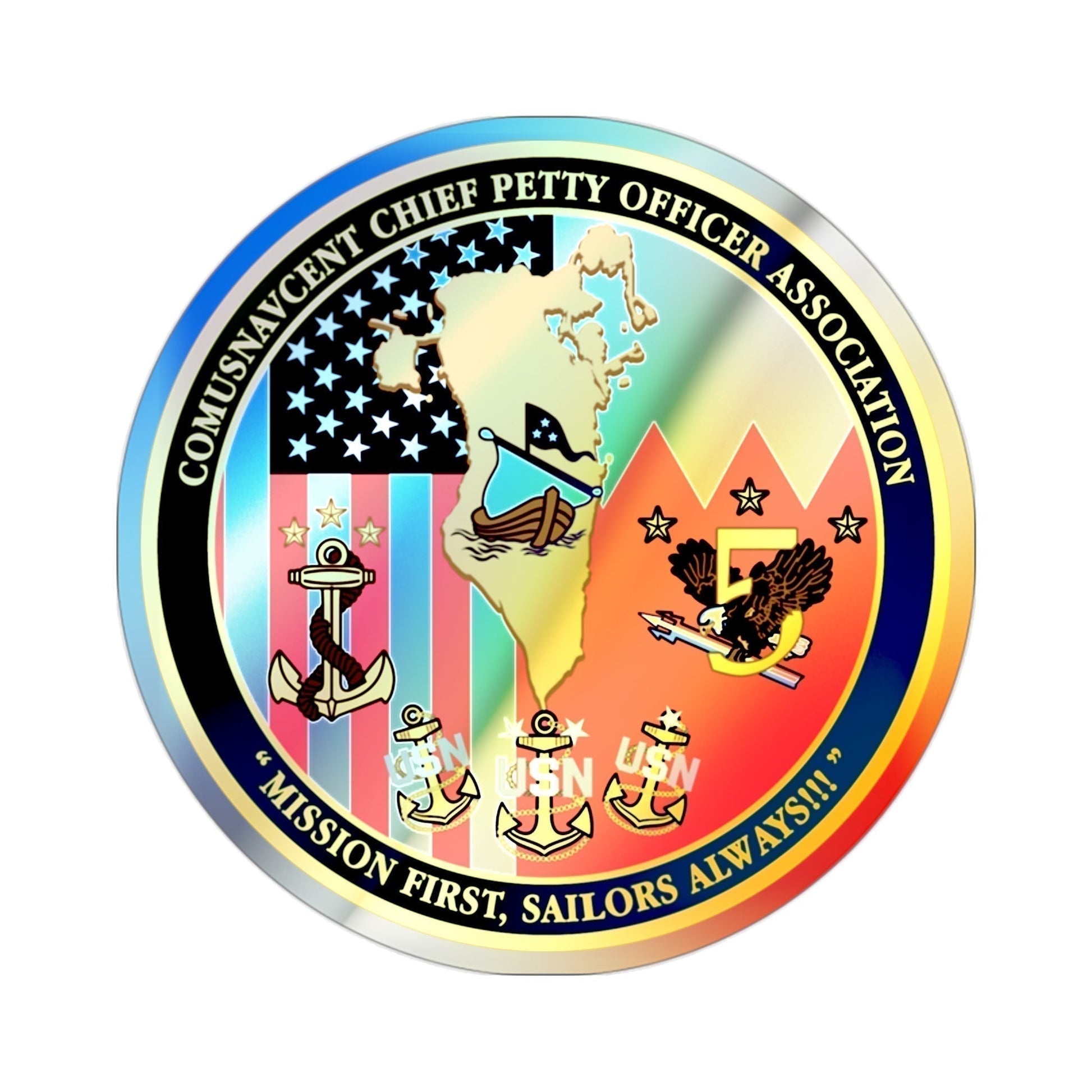 COMUSNAVCENT CPO Assoc COMUSNAVCENT CPO Assoc US Naval Forces Central Command Chief Petty Officer Association (U.S. Navy) Holographic STICKER Die-Cut Vinyl Decal-2 Inch-The Sticker Space