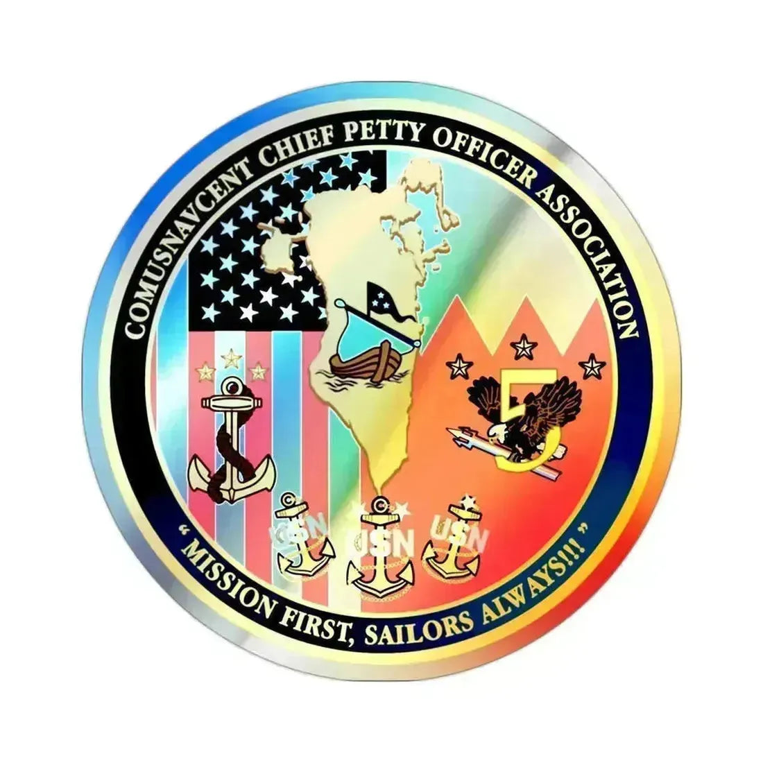 COMUSNAVCENT CPO Assoc COMUSNAVCENT CPO Assoc US Naval Forces Central Command Chief Petty Officer Association (U.S. Navy) Holographic STICKER Die-Cut Vinyl Decal 2 Inch Holographic - The Sticker Space