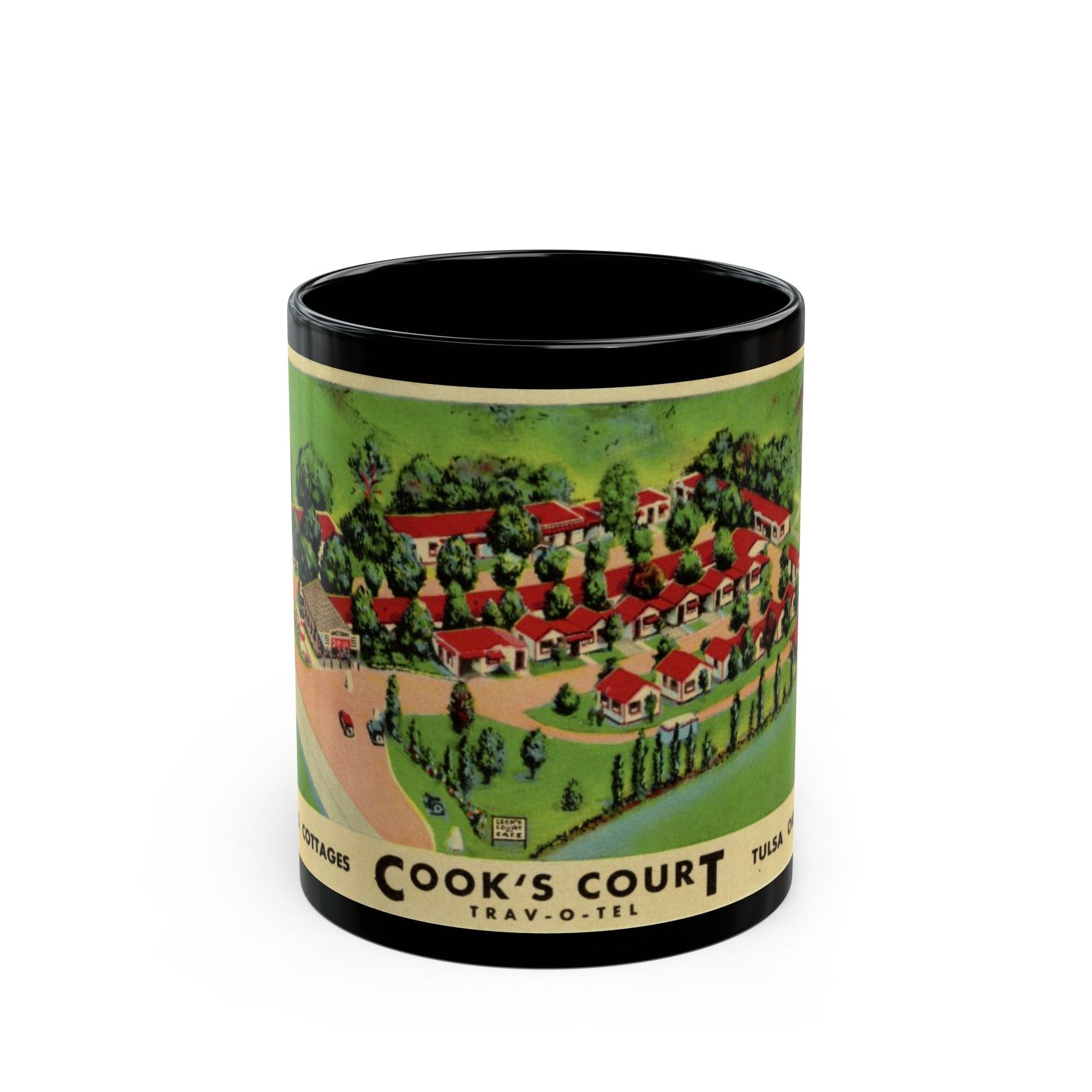 Cooks Court Trav O Tel (Greeting Postcards) Black Coffee Mug-11oz-The Sticker Space