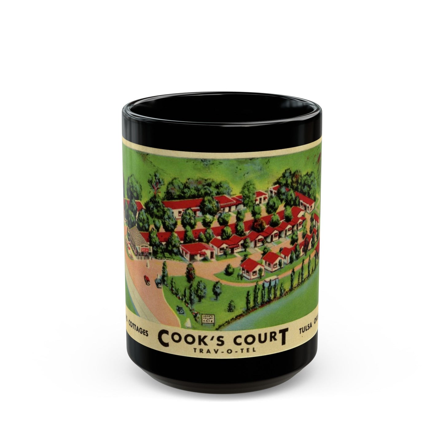 Cooks Court Trav O Tel (Greeting Postcards) Black Coffee Mug-15oz-The Sticker Space