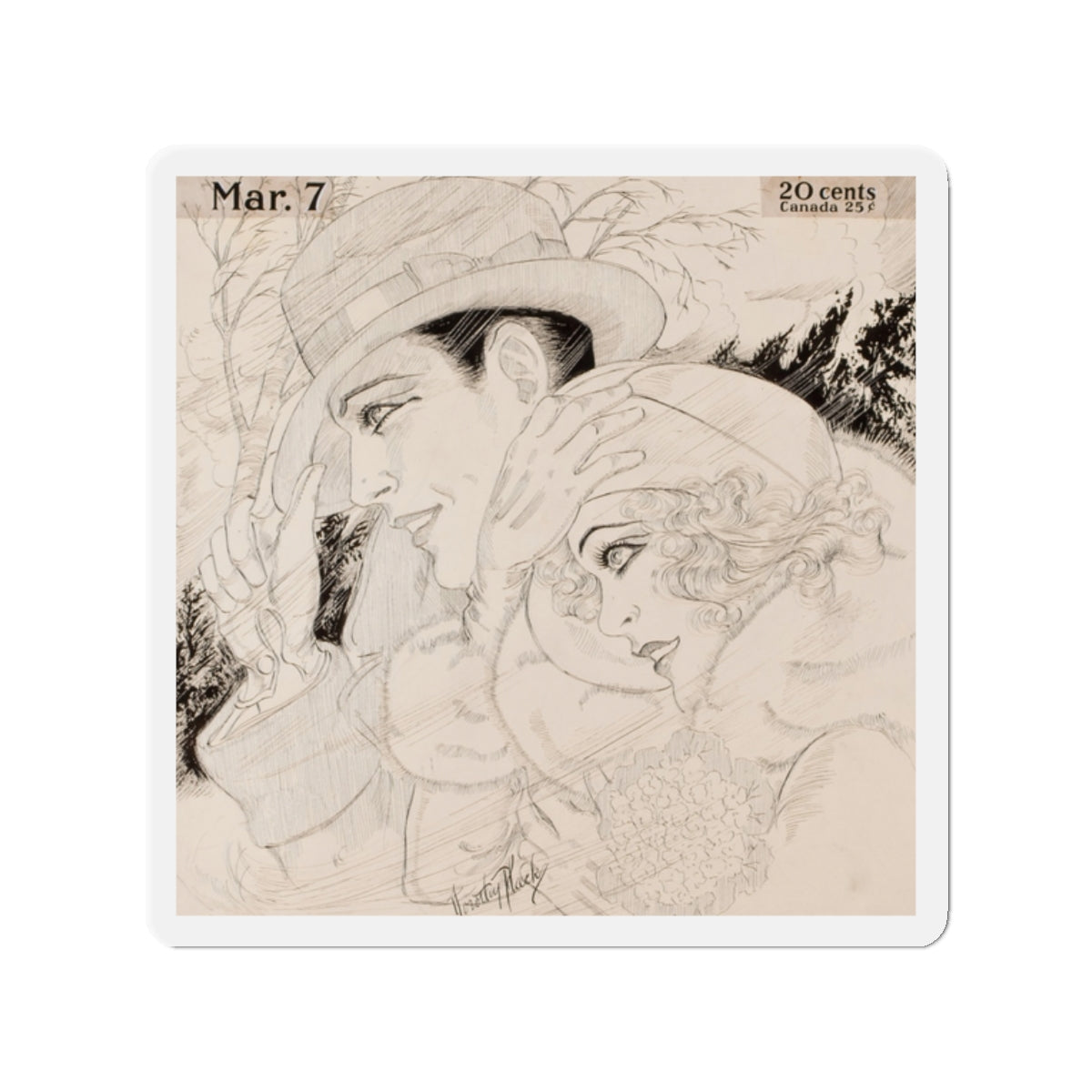 Couple in a Wind Storm, calendar illustration (Magazine Illustration) Refrigerator Magnet-2" x 2"-The Sticker Space