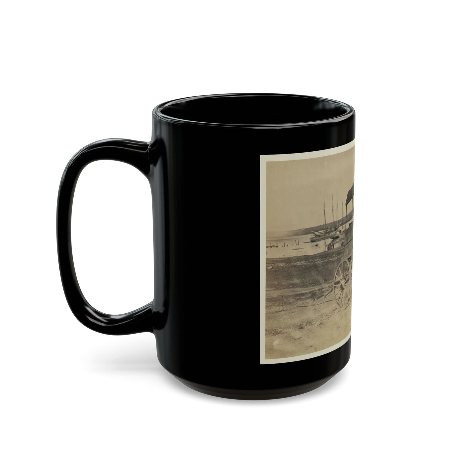 Covered Wagon With Side Curtains Rolled Up At A Military Facility (U.S. Civil War) Black Coffee Mug