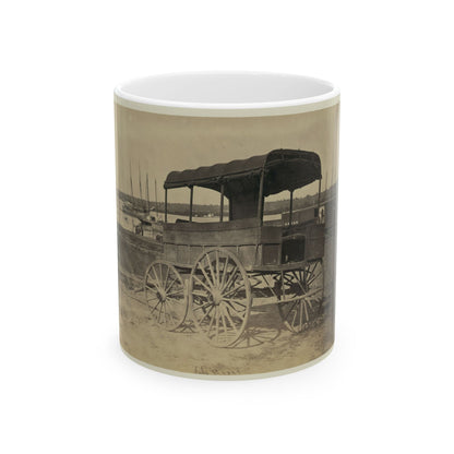 Covered Wagon With Side Curtains Rolled Up At A Military Facility (U.S. Civil War) White Coffee Mug