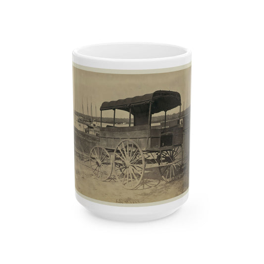 Covered Wagon With Side Curtains Rolled Up At A Military Facility (U.S. Civil War) White Coffee Mug