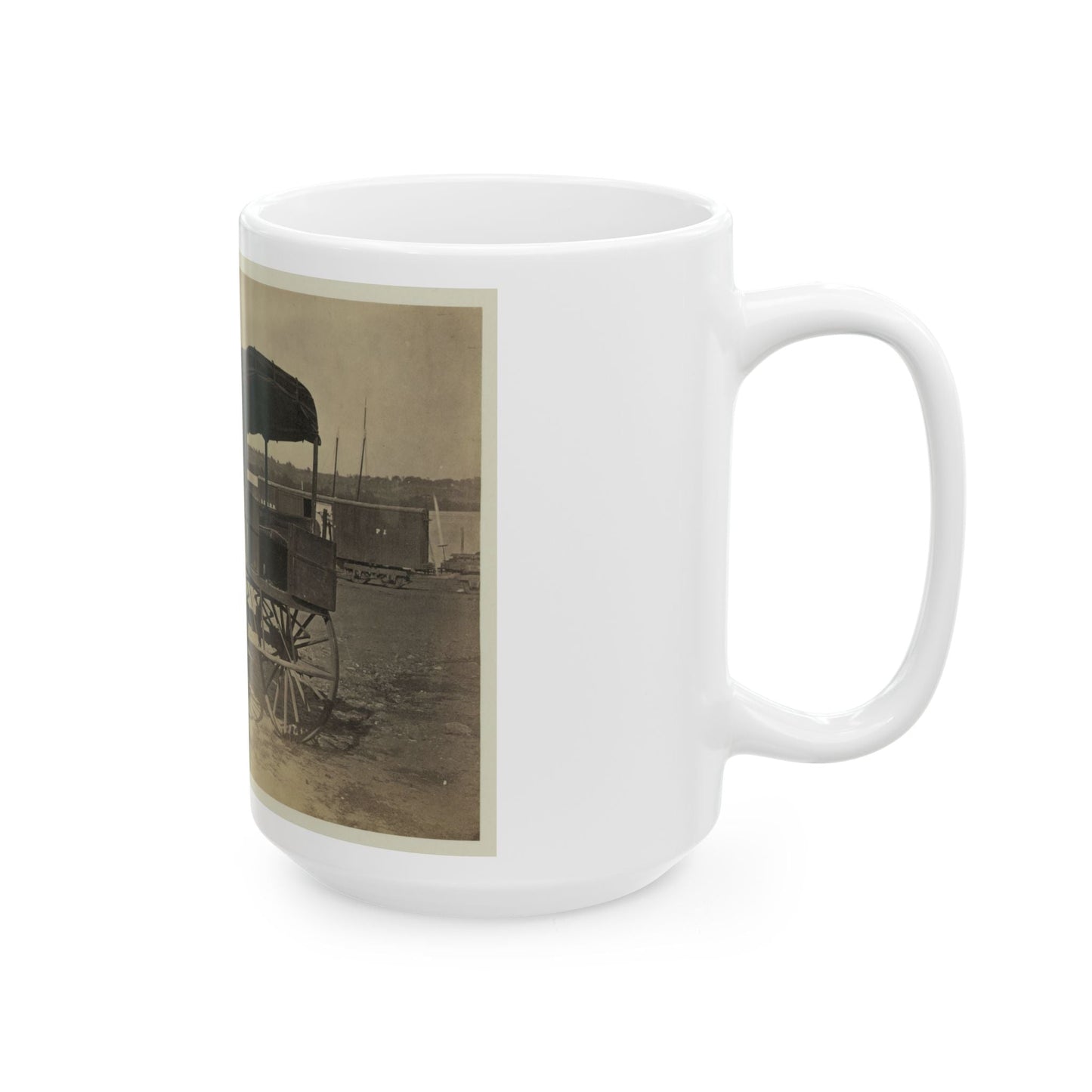 Covered Wagon With Side Curtains Rolled Up At A Military Facility (U.S. Civil War) White Coffee Mug