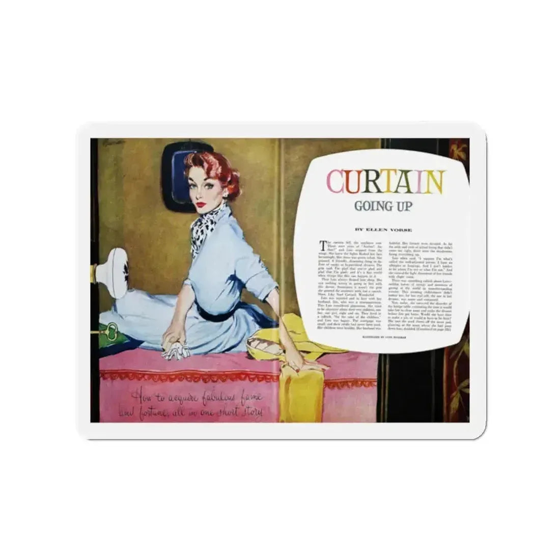 Curtain Going Up, Good Housekeeping, May 1953 (Magazine Illustration) Refrigerator Magnet 2 Inch - The Sticker Space