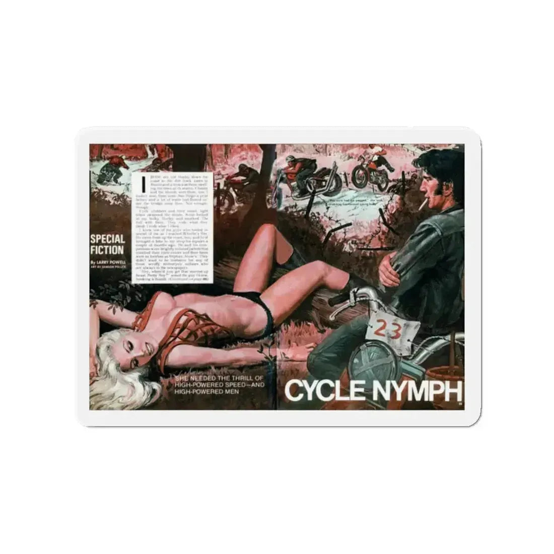 Cycle Nymph, Male magazine, October 1971 (Magazine Illustration) Refrigerator Magnet 2 Inch - The Sticker Space