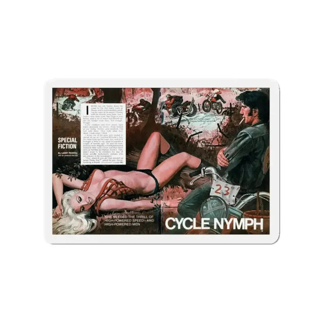Cycle Nymph, Male magazine, October 1971 (Magazine Illustration) Refrigerator Magnet 3 Inch - The Sticker Space