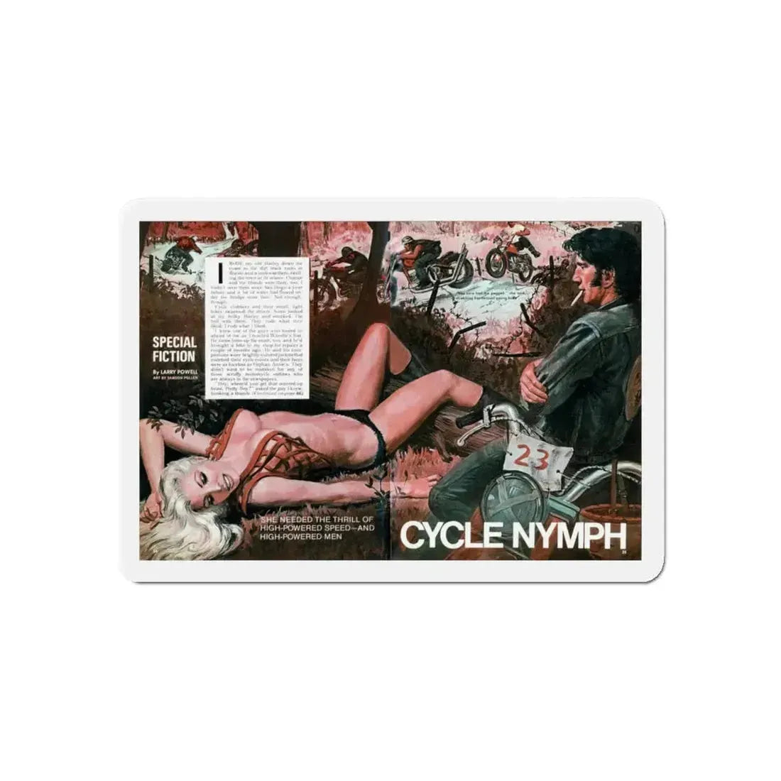 Cycle Nymph, Male magazine, October 1971 (Magazine Illustration) Refrigerator Magnet 6 Inch - The Sticker Space