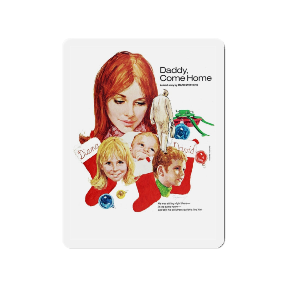 Daddy, Come Home, Woman's Day, December 1972 (Magazine Illustration) Refrigerator Magnet-2" x 2"-The Sticker Space