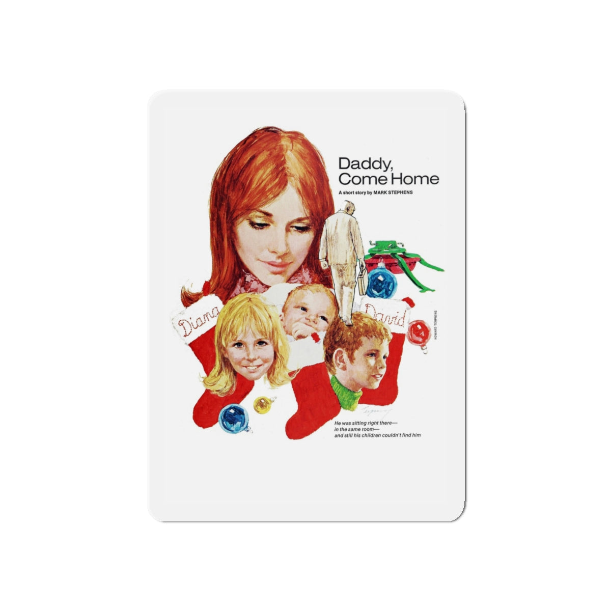 Daddy, Come Home, Woman's Day, December 1972 (Magazine Illustration) Refrigerator Magnet-5" x 5"-The Sticker Space