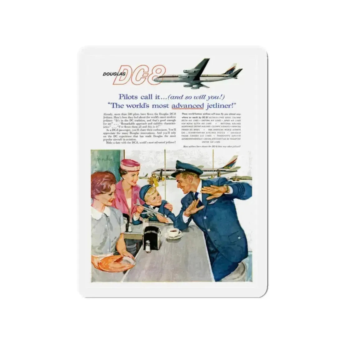 DC-8 Excitement ad, 1959 (Magazine Illustration) Refrigerator Magnet 2 Inch Die-Cut - The Sticker Space