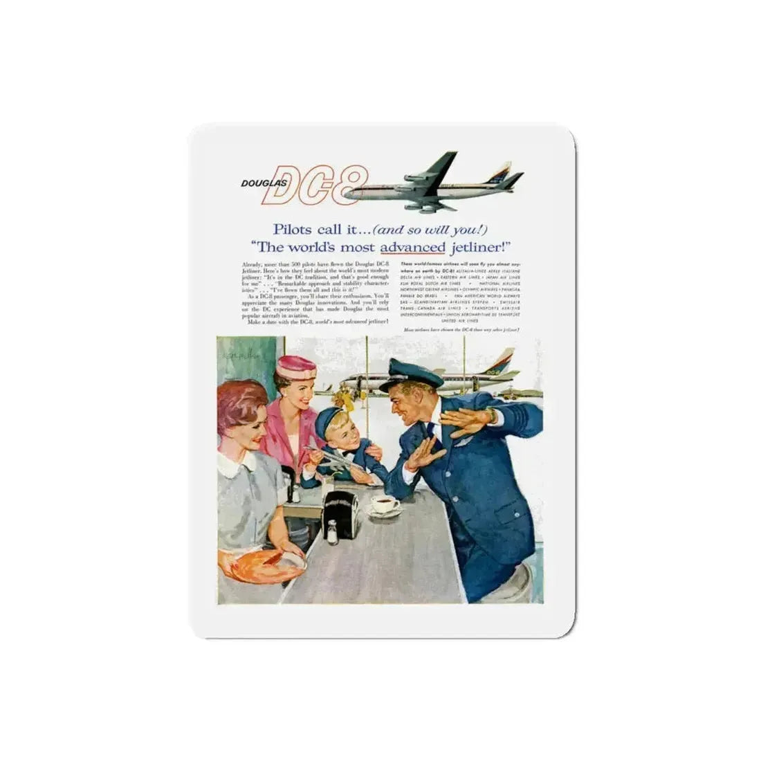 DC-8 Excitement ad, 1959 (Magazine Illustration) Refrigerator Magnet 5 Inch Die-Cut - The Sticker Space