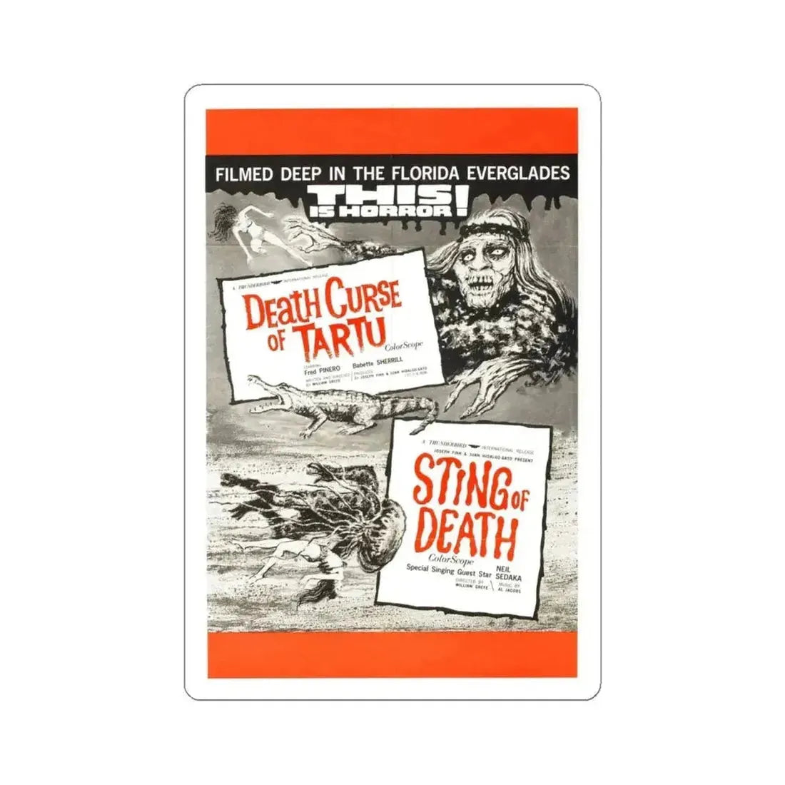 DEATH CURSE OF TARTU + STING OF DEATH 1966 Movie Poster - STICKER Vinyl Kiss-Cut Decal 4 Inch White - The Sticker Space