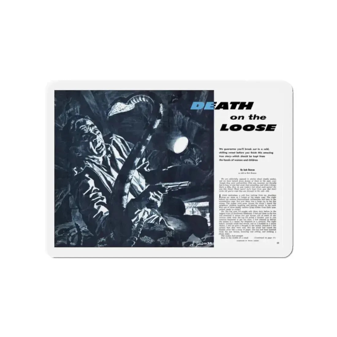 Death on the Loose, Bluebook for Men, February 1961 (Magazine Illustration) Refrigerator Magnet 2 Inch Die-Cut - The Sticker Space