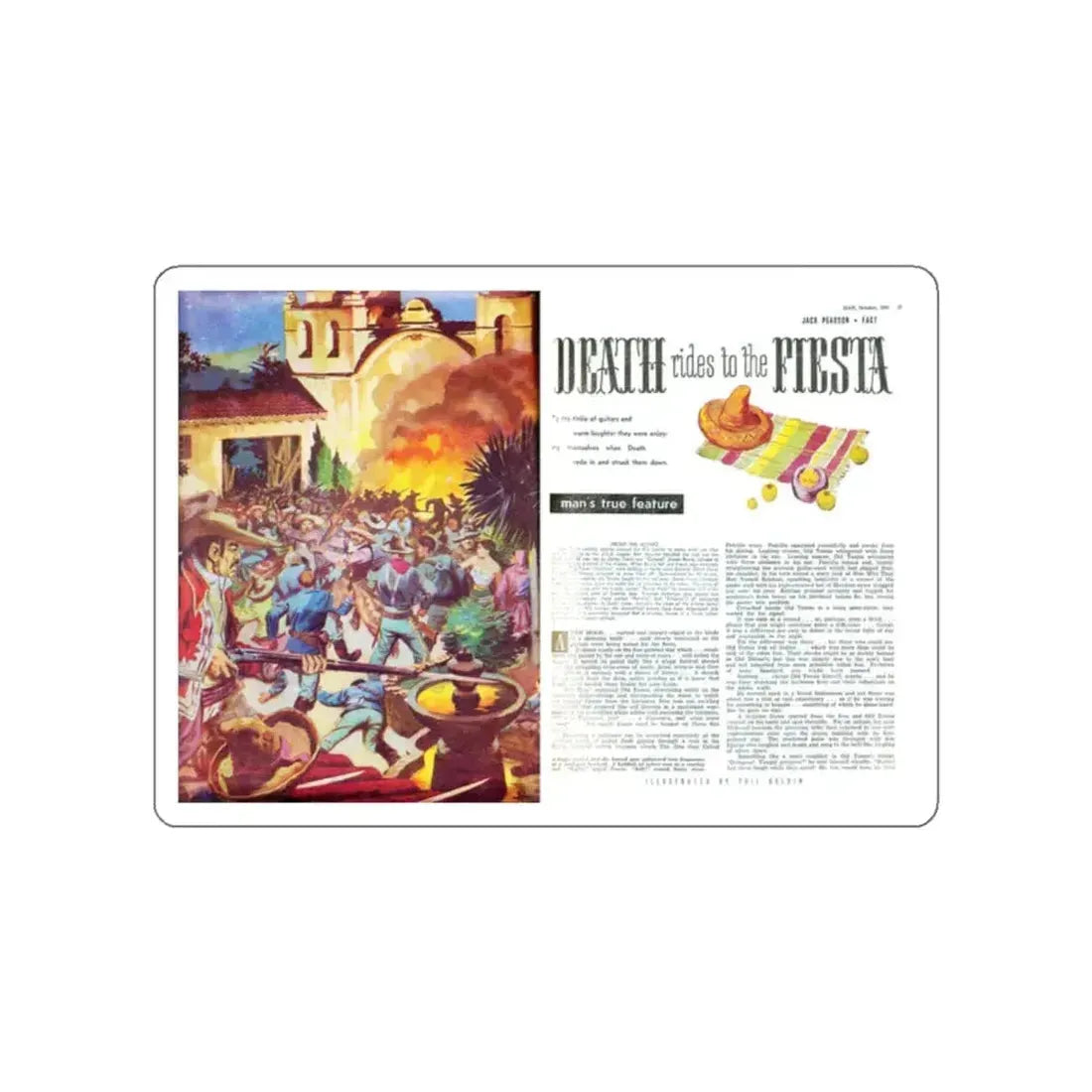 Death rides to the Fiesta, Man Junior, October 1951 (Magazine Illustration) STICKER Vinyl Die-Cut Decal White Die-Cut 2 Inch - The Sticker Space