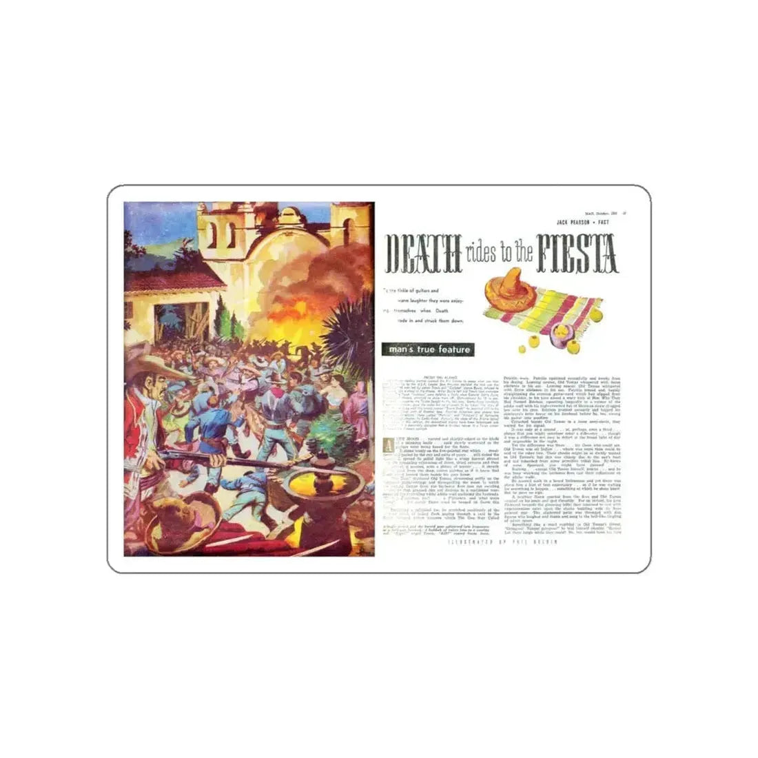 Death rides to the Fiesta, Man Junior, October 1951 (Magazine Illustration) STICKER Vinyl Die-Cut Decal White Die-Cut 5 Inch - The Sticker Space