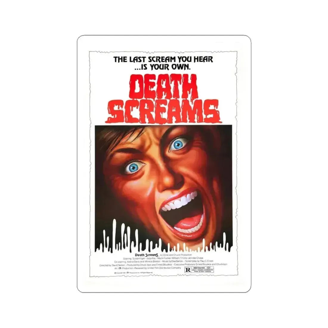 DEATH SCREAMS (HOUSE OF DEATH) 1982 Movie Poster - STICKER Vinyl Kiss-Cut Decal 6 Inch White - The Sticker Space