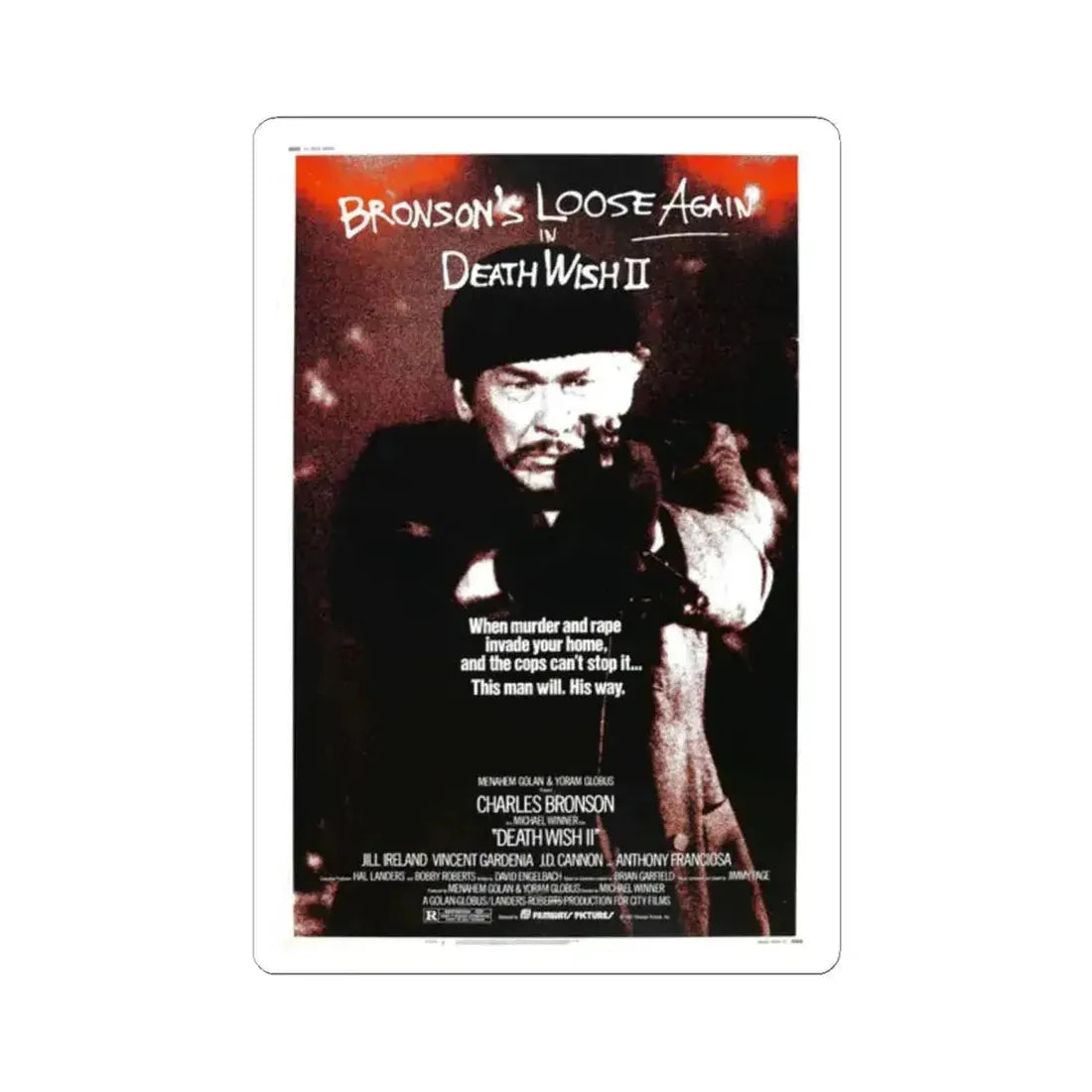 DEATH WISH II 1982 Movie Poster - STICKER Vinyl Kiss-Cut Decal 2 Inch White - The Sticker Space
