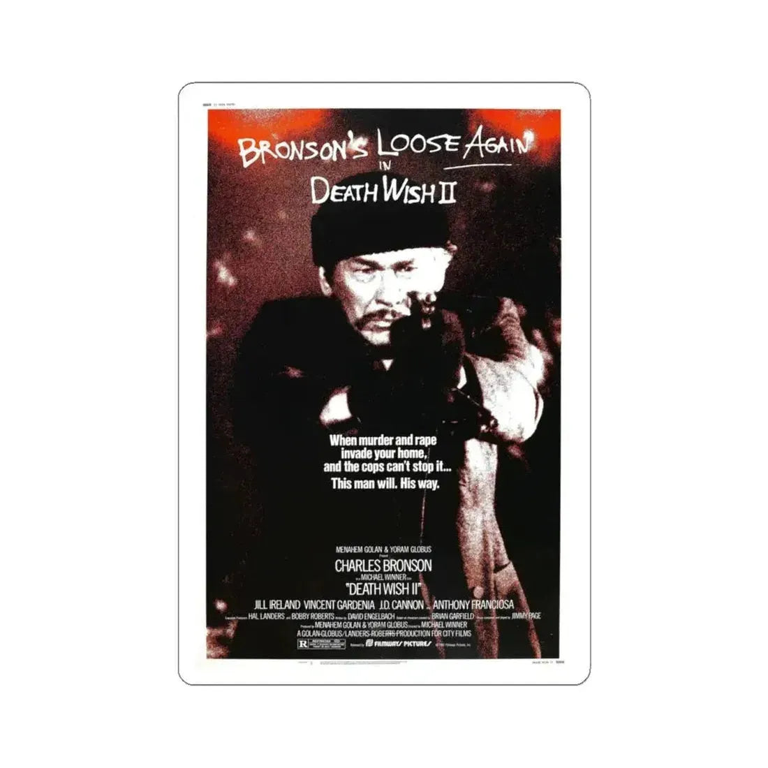 DEATH WISH II 1982 Movie Poster - STICKER Vinyl Kiss-Cut Decal 4 Inch White - The Sticker Space