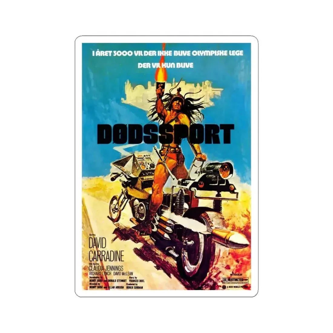 DEATHSPORT (DANISH) 1978 Movie Poster - STICKER Vinyl Kiss-Cut Decal 4 Inch White - The Sticker Space