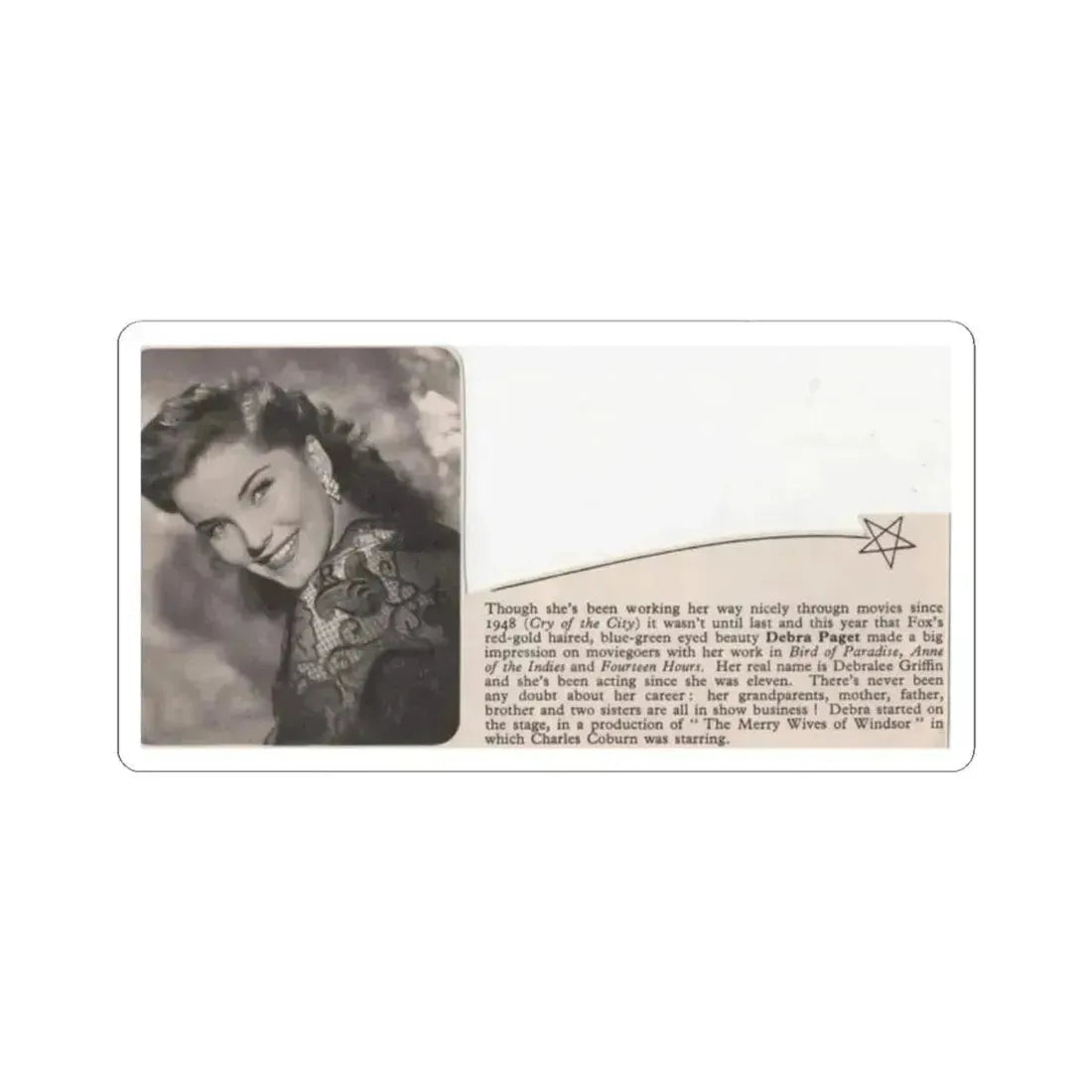 Debra Paget #517 - Small Magazine Clipping B&W Photo & Article from Mid 50's (Vintage Female Icon) STICKER Vinyl Kiss-Cut Decal 2 Inch White - The Sticker Space