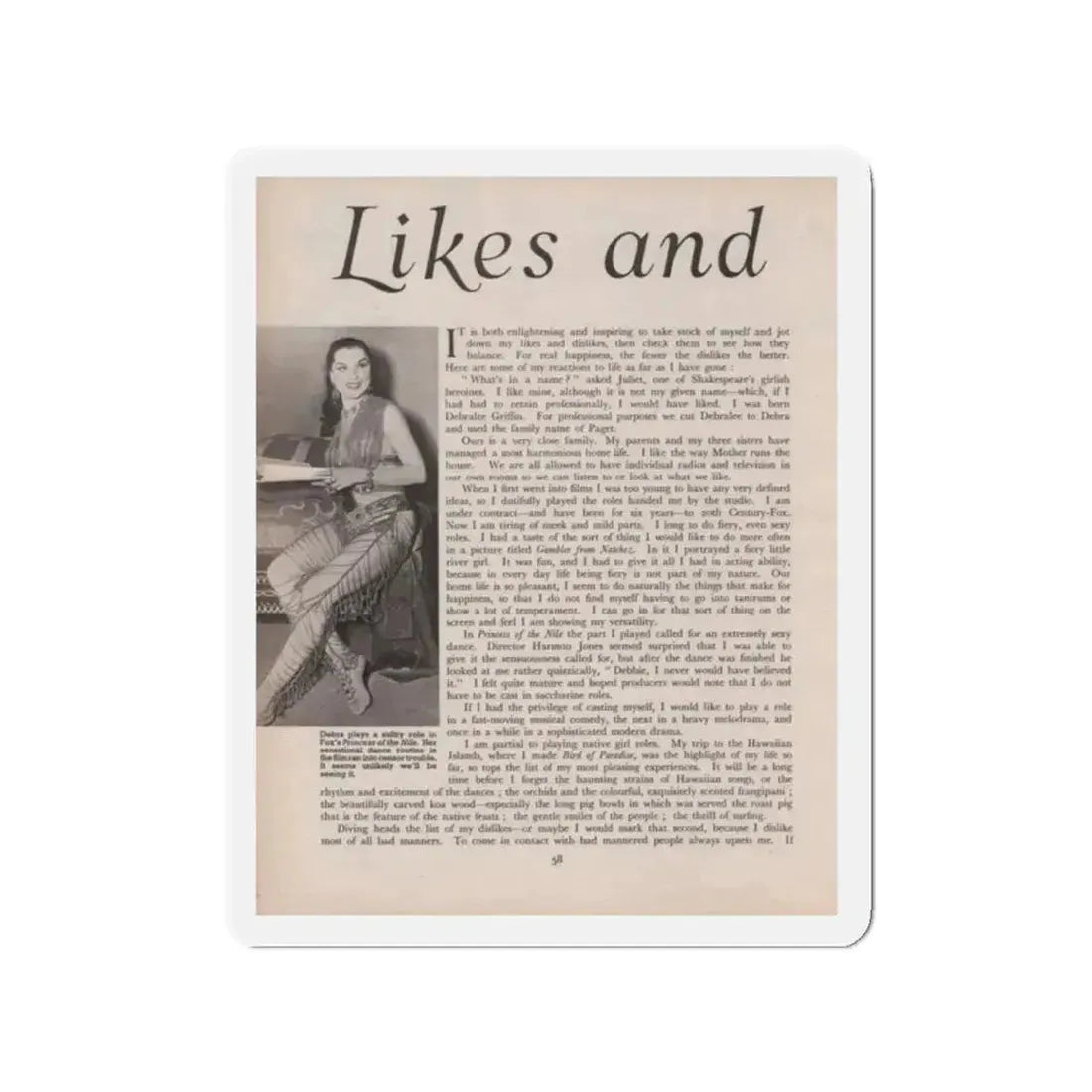Debra Paget #521 - Magazine Page 1 of 2 1 B&W Princess Of The Nile '54 Candid Photo (Vintage Female Icon) Refrigerator Magnet 2 Inch Die-Cut - The Sticker Space