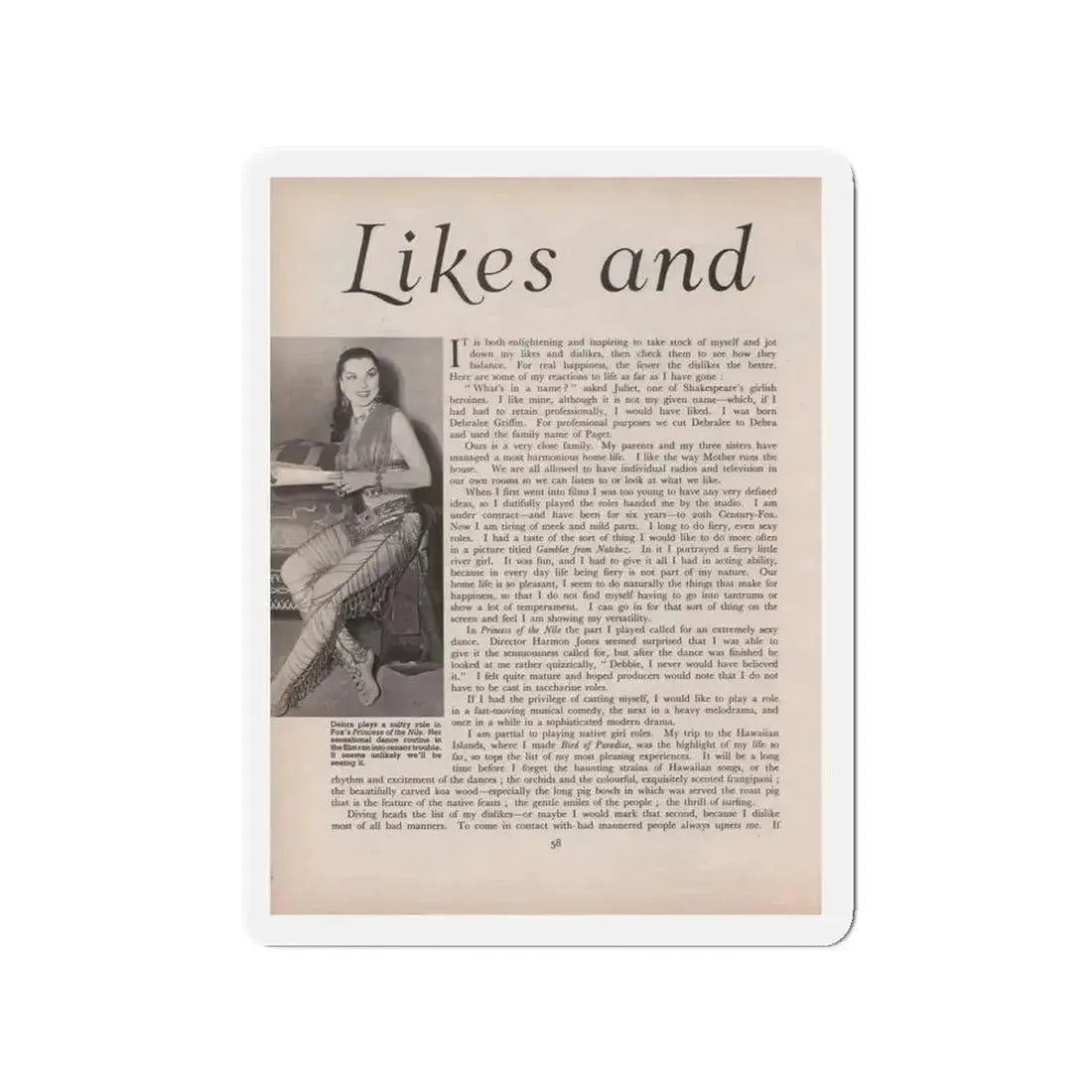 Debra Paget #521 - Magazine Page 1 of 2 1 B&W Princess Of The Nile '54 Candid Photo (Vintage Female Icon) Refrigerator Magnet 3 Inch Die-Cut - The Sticker Space