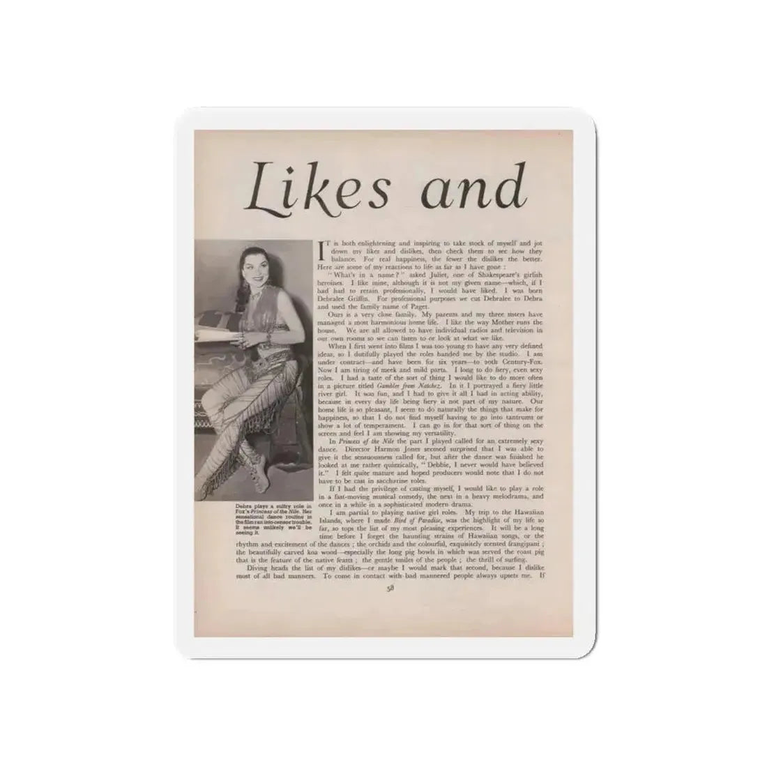 Debra Paget #521 - Magazine Page 1 of 2 1 B&W Princess Of The Nile '54 Candid Photo (Vintage Female Icon) Refrigerator Magnet 4 Inch Die-Cut - The Sticker Space