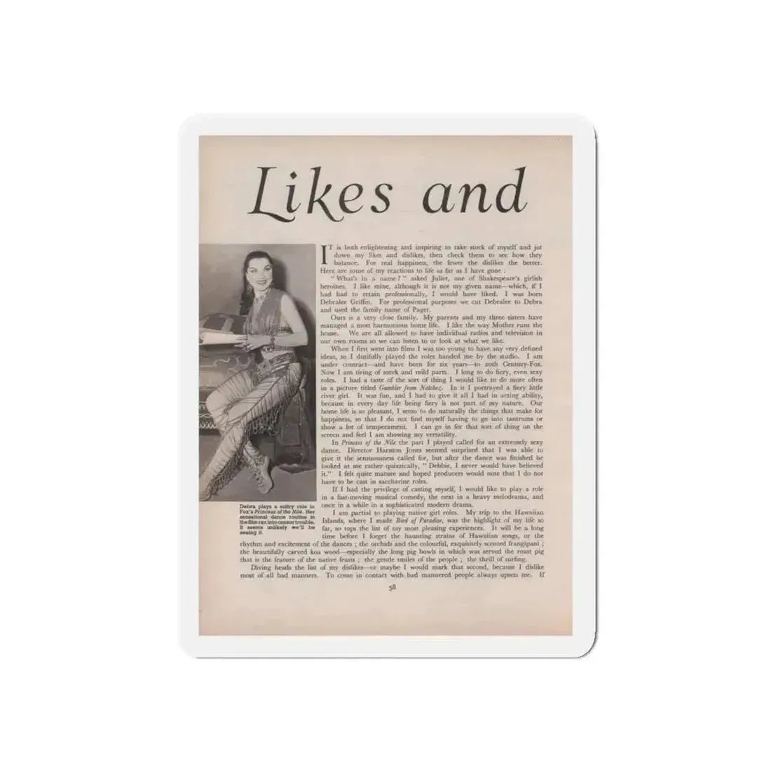Debra Paget #521 - Magazine Page 1 of 2 1 B&W Princess Of The Nile '54 Candid Photo (Vintage Female Icon) Refrigerator Magnet 5 Inch Die-Cut - The Sticker Space
