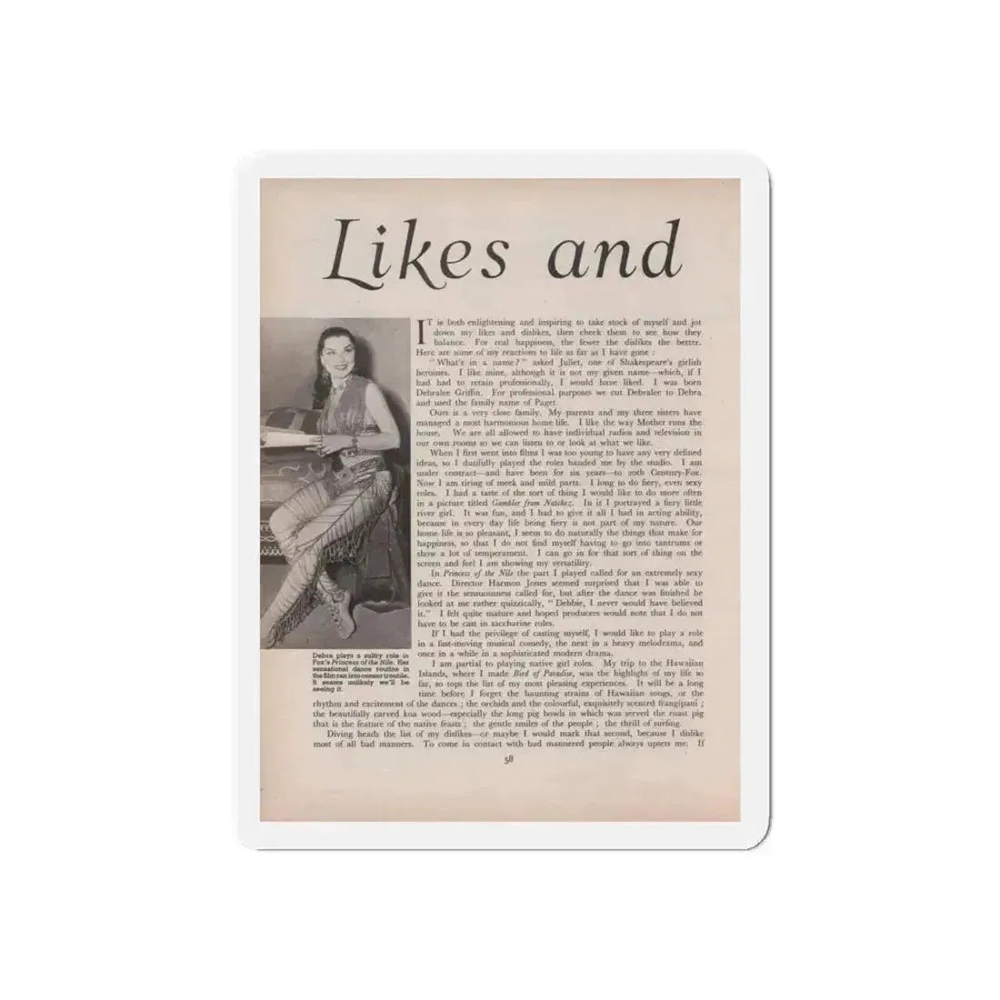 Debra Paget #521 - Magazine Page 1 of 2 1 B&W Princess Of The Nile '54 Candid Photo (Vintage Female Icon) Refrigerator Magnet 6 Inch Die-Cut - The Sticker Space