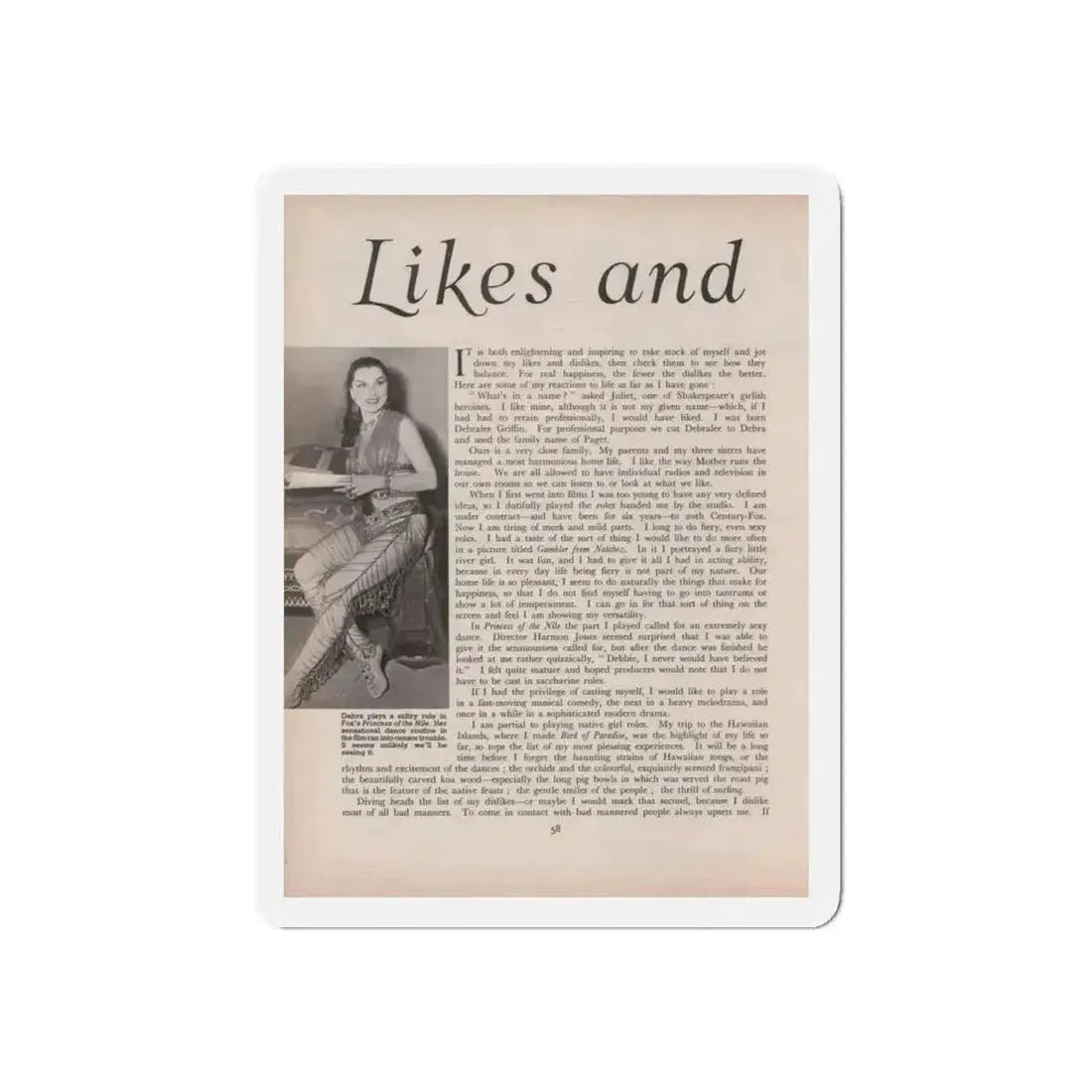 Debra Paget #521 - Magazine Page 1 of 2 1 B&W Princess Of The Nile '54 Candid Photo (Vintage Female Icon) Refrigerator Magnet - The Sticker Space