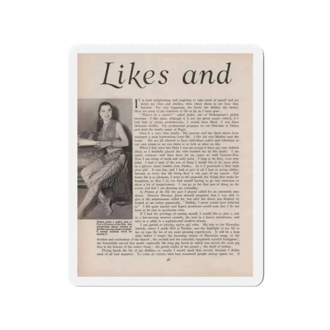 Debra Paget #521 - Magazine Page 1 of 2 1 B&W Princess Of The Nile '54 Candid Photo (Vintage Female Icon) Refrigerator Magnet - The Sticker Space