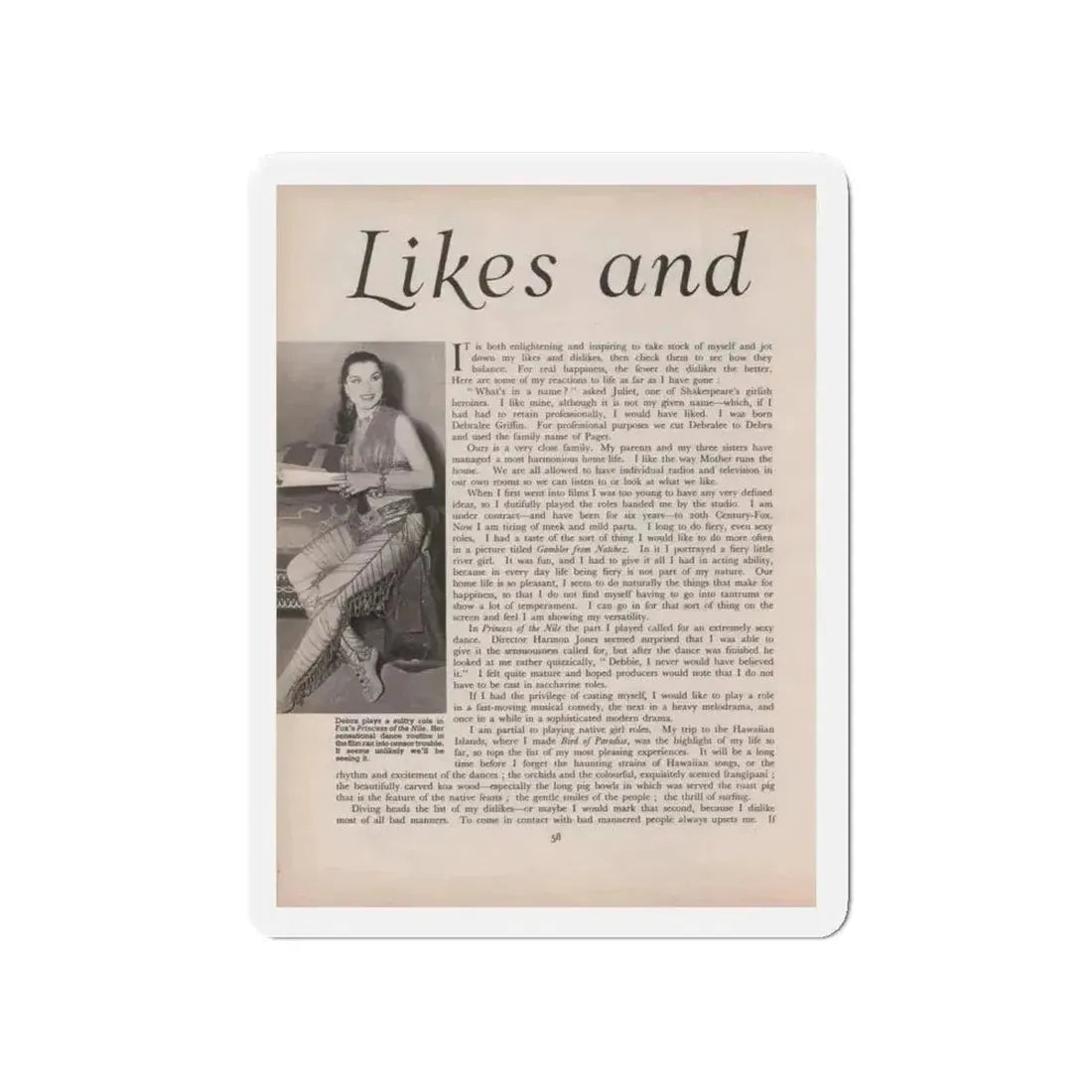 Debra Paget #521 - Magazine Page 1 of 2 1 B&W Princess Of The Nile '54 Candid Photo (Vintage Female Icon) Refrigerator Magnet - The Sticker Space