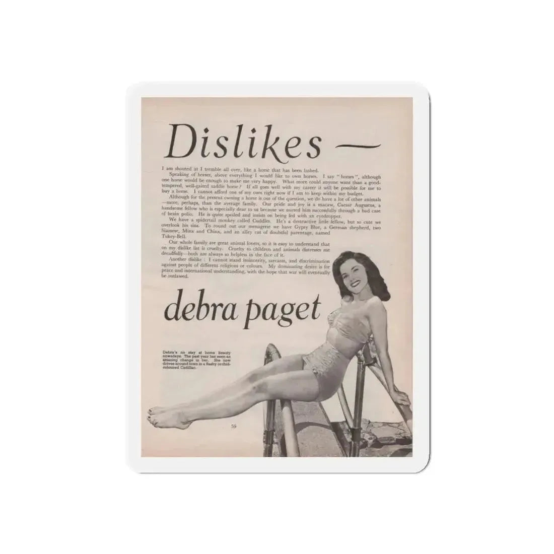 Debra Paget #522 - Magazine Page 2 of 2 1 B&W Pin-Up Photo Early 50's+Article (Vintage Female Icon) Refrigerator Magnet 5 Inch Die-Cut - The Sticker Space