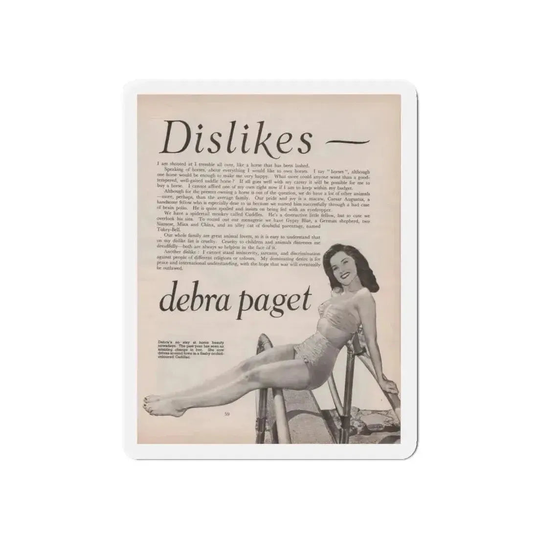 Debra Paget #522 - Magazine Page 2 of 2 1 B&W Pin-Up Photo Early 50's+Article (Vintage Female Icon) Refrigerator Magnet - The Sticker Space