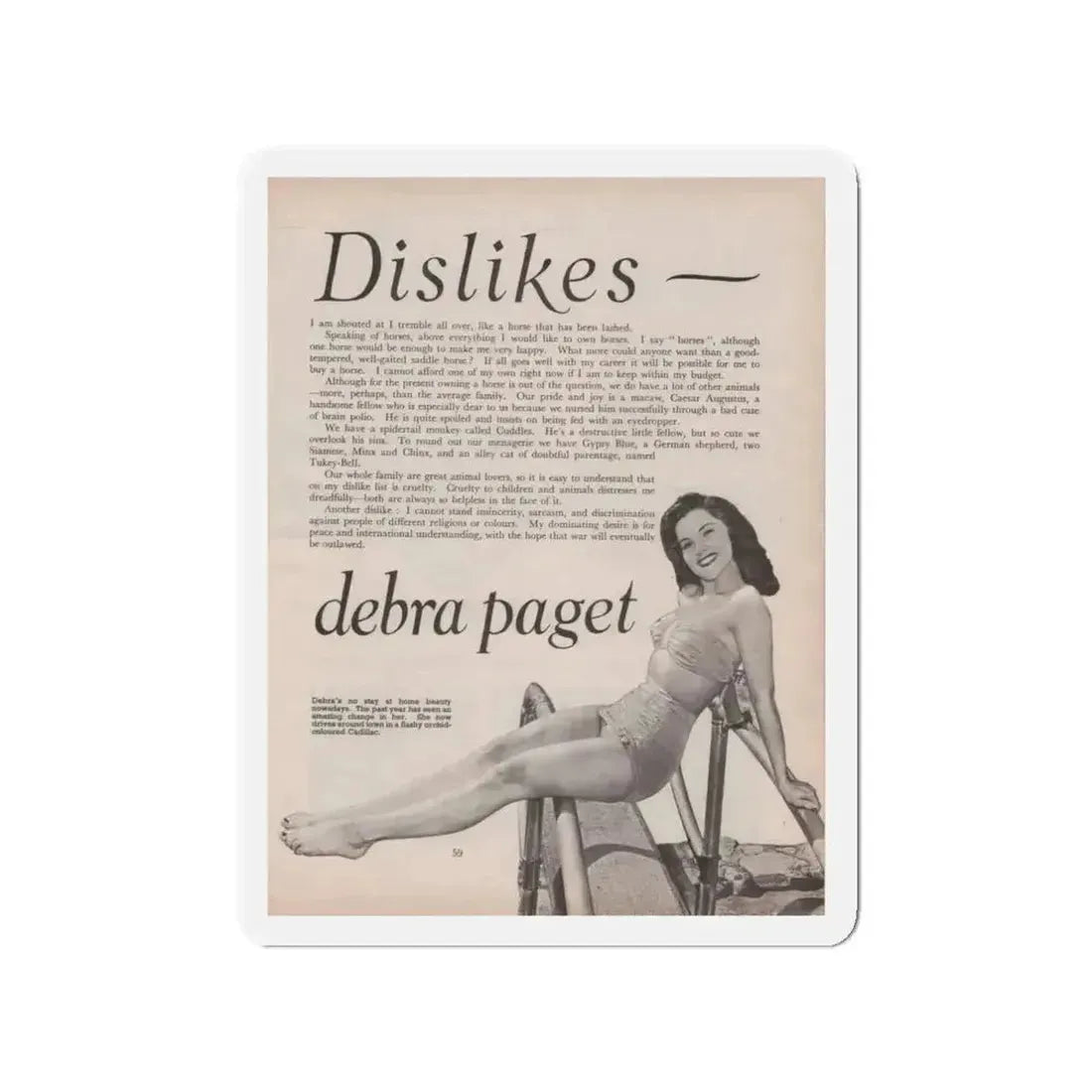 Debra Paget #522 - Magazine Page 2 of 2 1 B&W Pin-Up Photo Early 50's+Article (Vintage Female Icon) Refrigerator Magnet - The Sticker Space