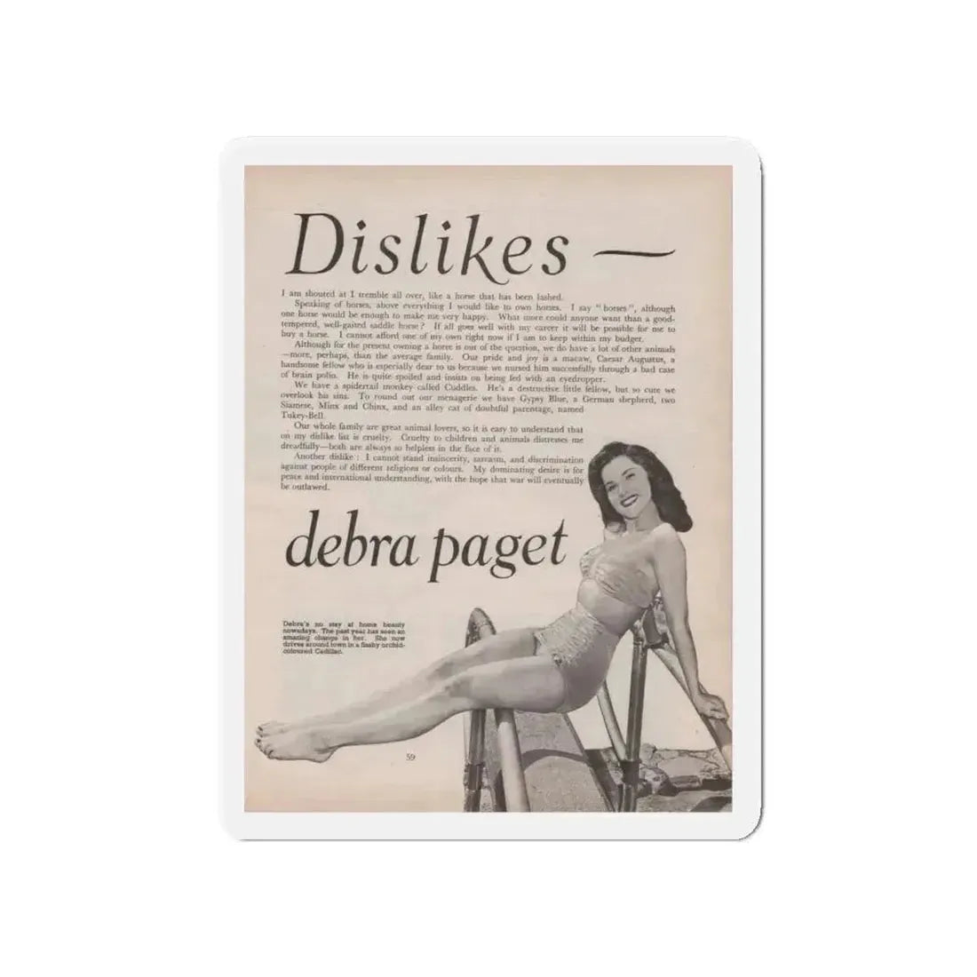 Debra Paget #522 - Magazine Page 2 of 2 1 B&W Pin-Up Photo Early 50's+Article (Vintage Female Icon) Refrigerator Magnet - The Sticker Space