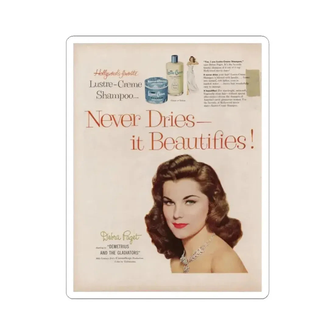 Debra Paget #596 - Original Lustre-Creme Shampoo Add from '54 (Vintage Female Icon) STICKER Vinyl Kiss-Cut Decal 2 Inch White - The Sticker Space