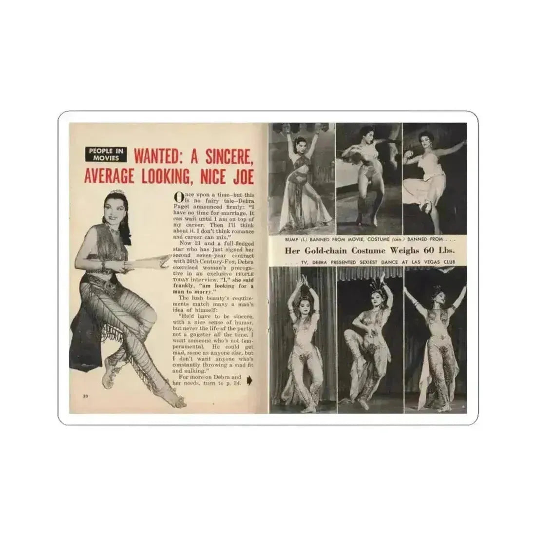 Debra Paget #675 - Pages 30-34 1rst 2 of 5 Pages featuring, Debra 7 B&W Photos, Article & Captions from People Today Pocket Mag. 1-26-55 (Vintage Female Icon) STICKER Vinyl Kiss-Cut Decal 4 Inch White - The Sticker Space
