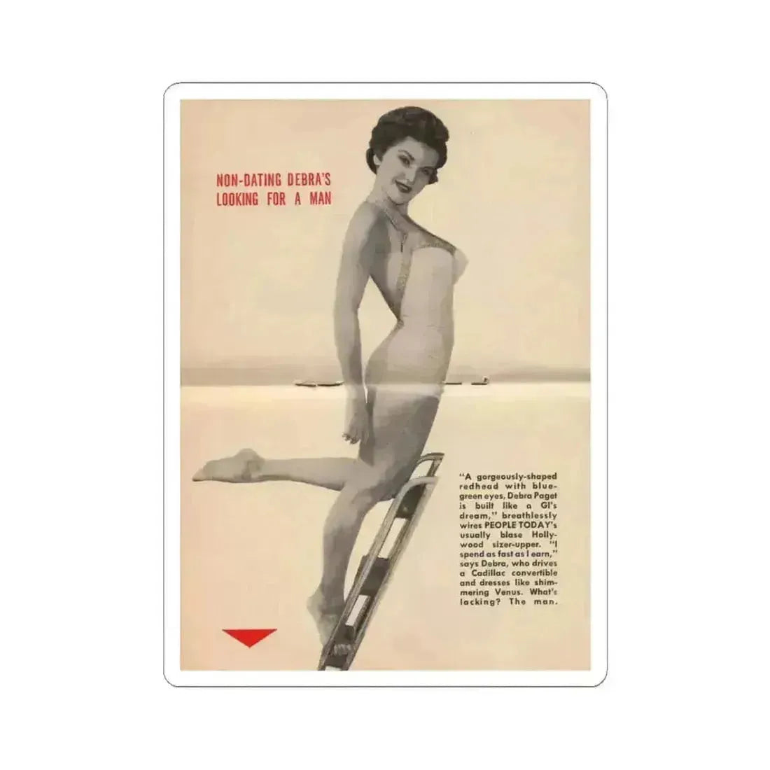 Debra Paget #676 - Pages 30-34 Pages 3 & 4 of 5 Pages featuring, Debra 1 B&W Centerfold Photo & Caption from People Today Pocket Mag. 1-26-55 (Vintage Female Icon) STICKER Vinyl Kiss-Cut Decal 3 Inch White - The Sticker Space