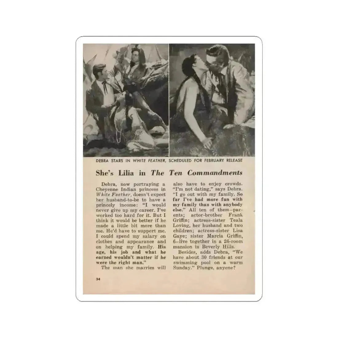 Debra Paget #677 - Pages 30-34 Pages 5 of 5 featuring, Debra 2 B&W Movie Photos, Caption & Article from People Today Pocket Mag. 1-26-55 (Vintage Female Icon) STICKER Vinyl Kiss-Cut Decal 3 Inch White - The Sticker Space