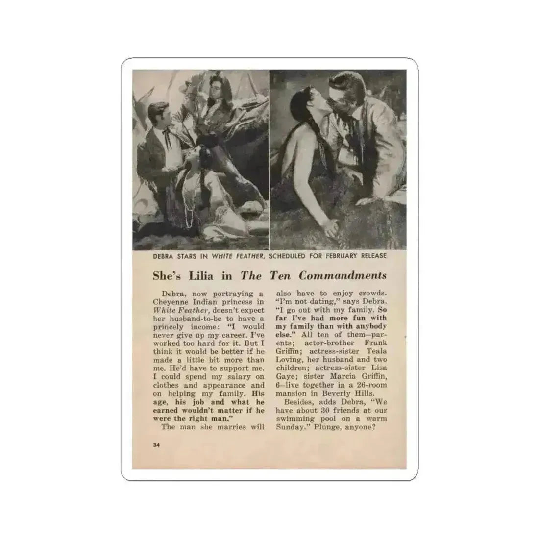 Debra Paget #677 - Pages 30-34 Pages 5 of 5 featuring, Debra 2 B&W Movie Photos, Caption & Article from People Today Pocket Mag. 1-26-55 (Vintage Female Icon) STICKER Vinyl Kiss-Cut Decal 6 Inch White - The Sticker Space