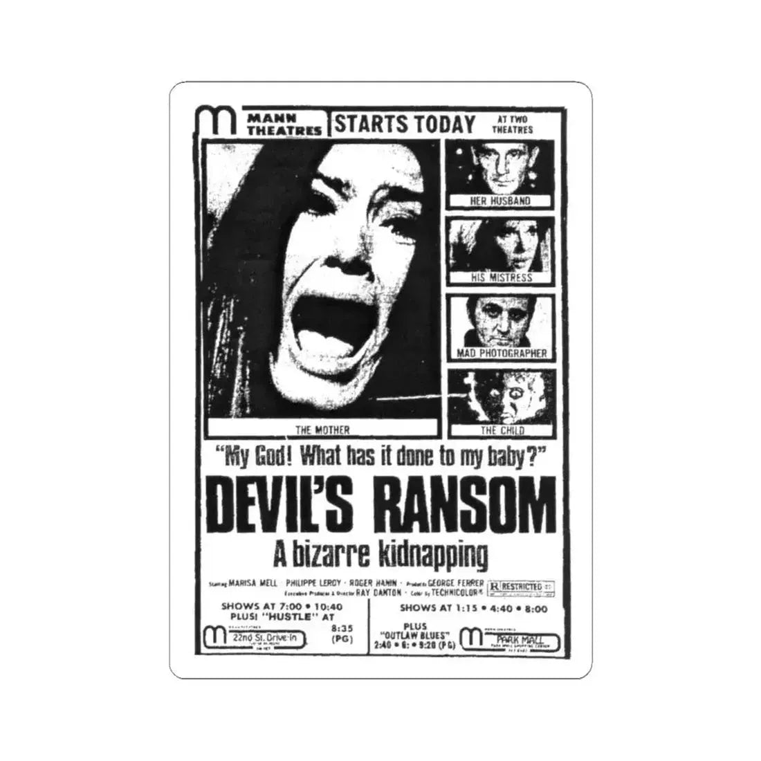 DEVIL'S RANSOM 1971 Movie Poster - STICKER Vinyl Kiss-Cut Decal 4 Inch White - The Sticker Space
