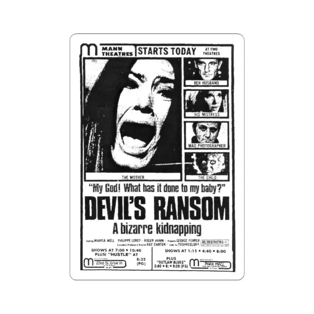 DEVIL'S RANSOM 1971 Movie Poster - STICKER Vinyl Kiss-Cut Decal 6 Inch White - The Sticker Space
