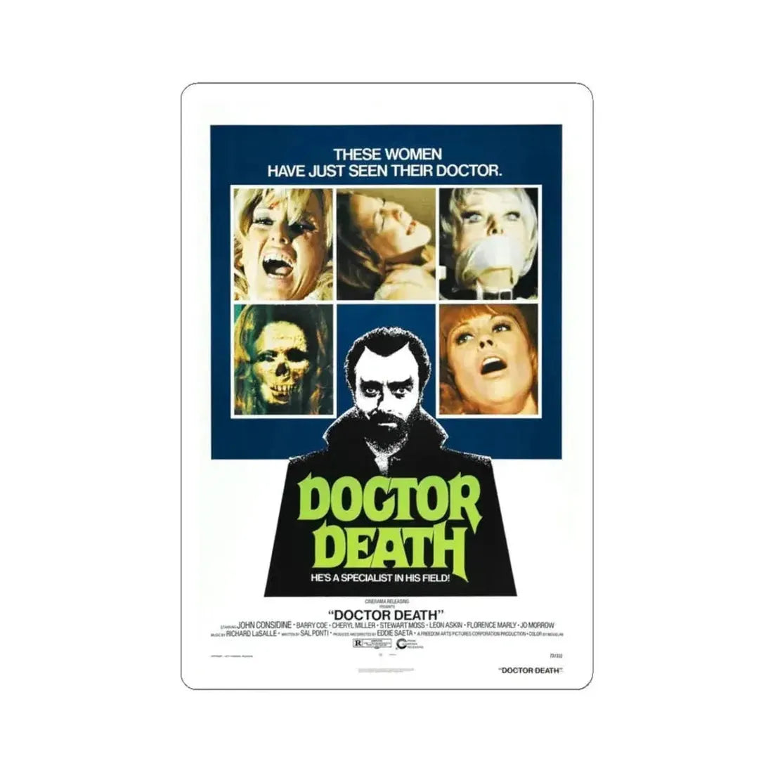 DOCTOR DEATH 1973 Movie Poster - STICKER Vinyl Kiss-Cut Decal 3 Inch White - The Sticker Space