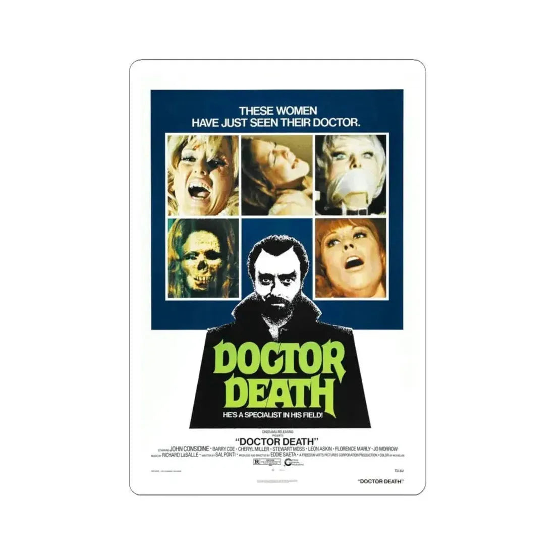DOCTOR DEATH 1973 Movie Poster - STICKER Vinyl Kiss-Cut Decal 4 Inch White - The Sticker Space