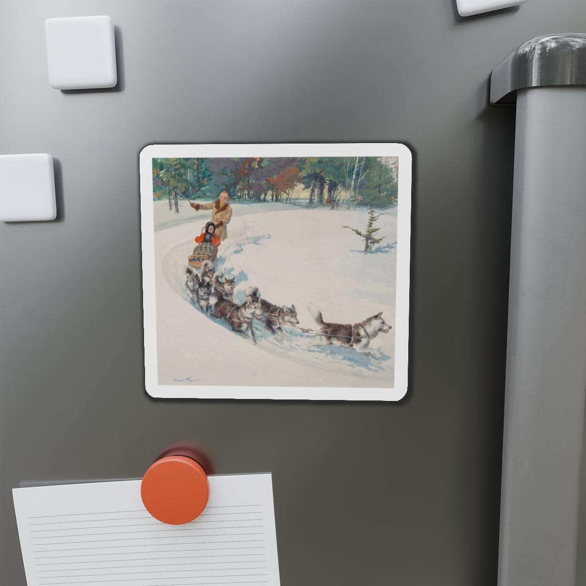 Dogsled Fun, calendar illustration (Magazine Illustration) Refrigerator Magnet-The Sticker Space