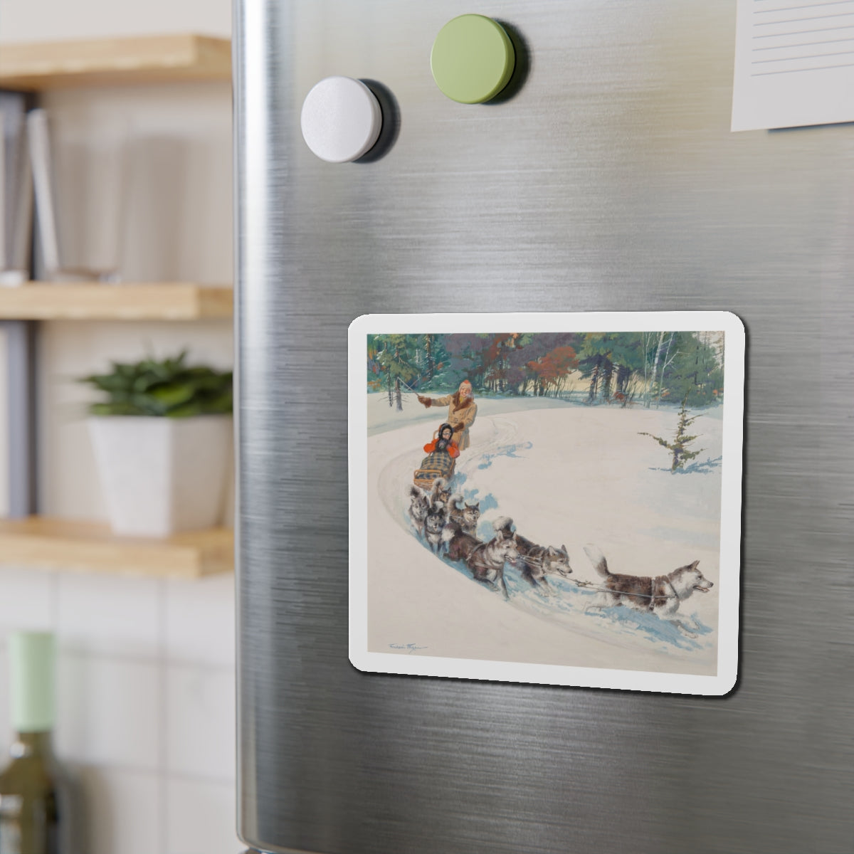 Dogsled Fun, calendar illustration (Magazine Illustration) Refrigerator Magnet-The Sticker Space